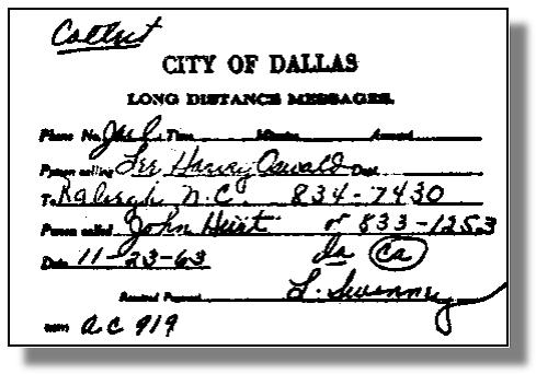 Telephone slip from the Dallas jail